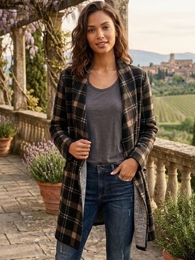 🎀Eclipse Navy and Tan Plaid Open Cardigan